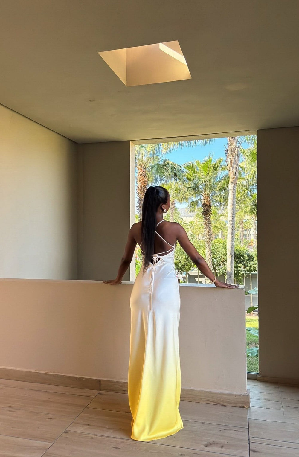 White to Yellow Ombre Satin Maxi Dress for Evening Elegance — Vacation Dresses