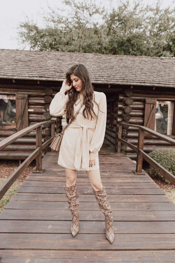 Wrap Mini Dress with Statement Snakeskin Cowboy Boots — Cowboy Boot Outfits with Dress