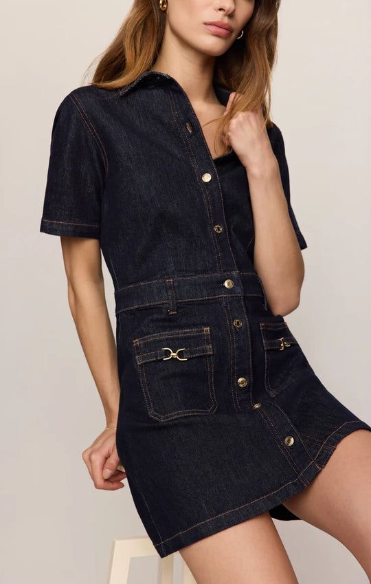 Collared Denim Dress with Gold Hardware Details Collared Denim Dress with Gold Hardware Details — Denim Dress Outfits