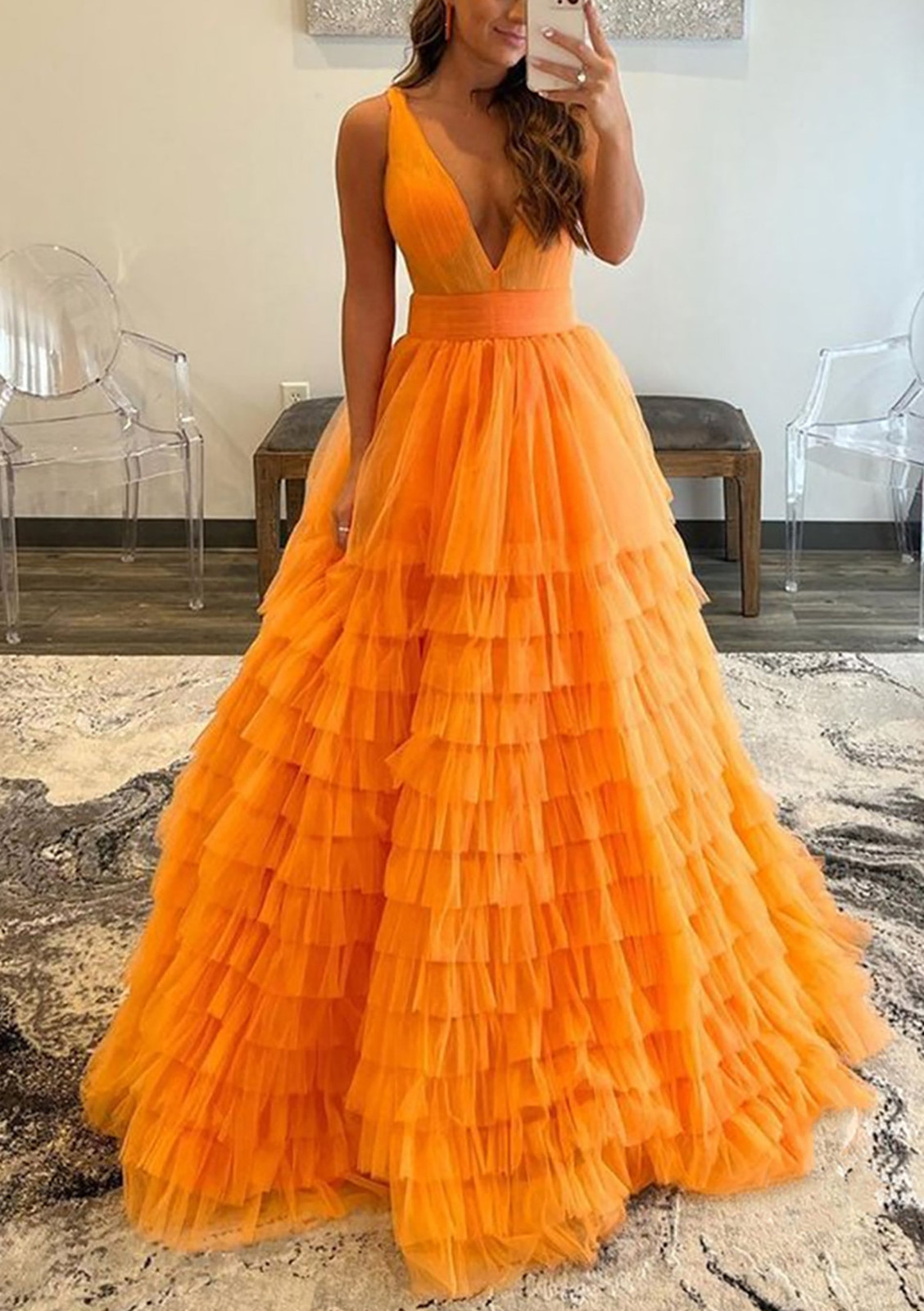 Dramatic Orange Tulle Ballgown with Tiered Ruffles — Tulle Dresses