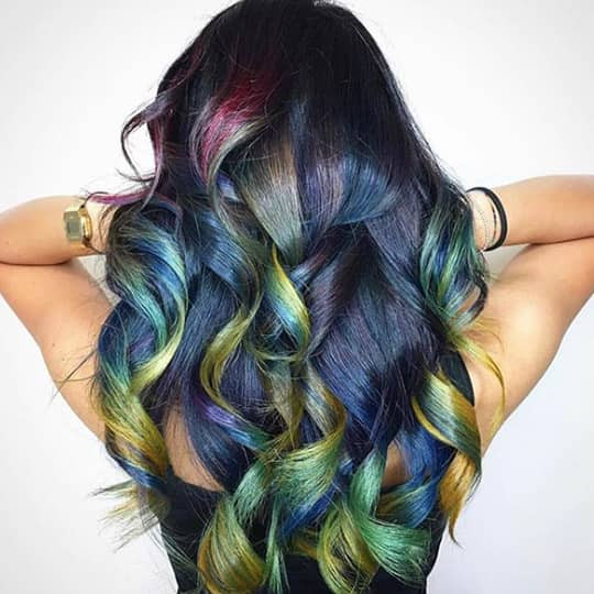 Mid-Back Dark Base Rainbow Highlights Mid-Back Dark Base Rainbow Highlights — Peacock Hair