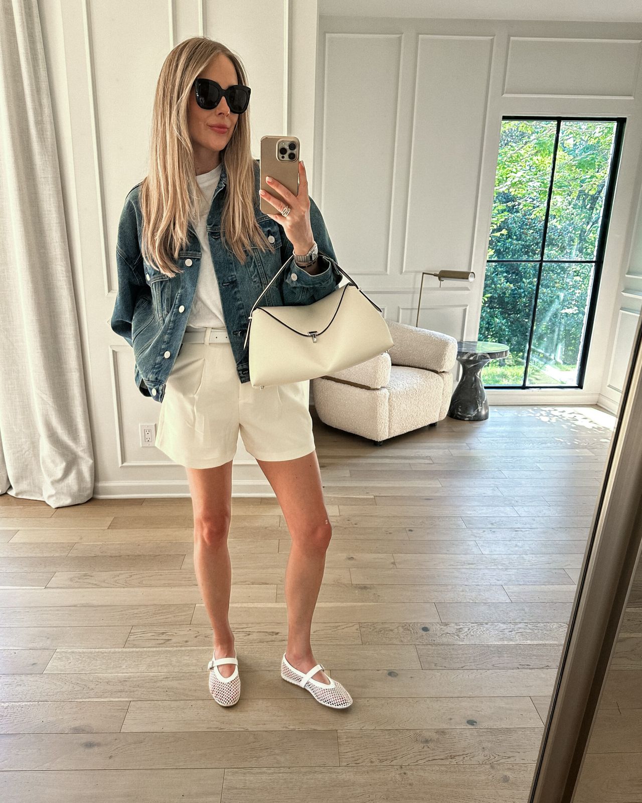 White Mesh Flats with Denim Jacket and Cream Shorts White Mesh Flats with Denim Jacket and Cream Shorts — Mesh Ballet Flats Outfits