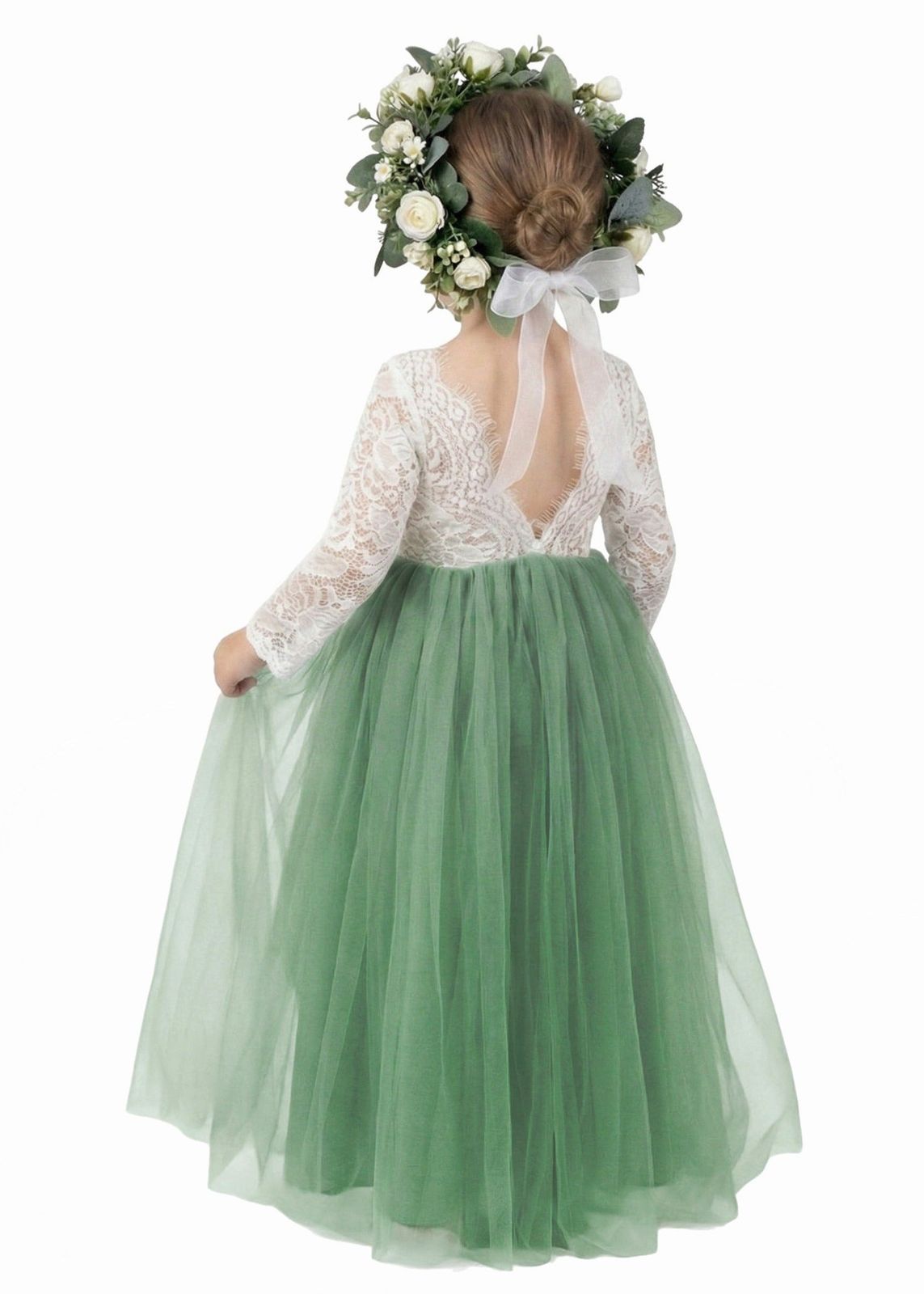 Sage Green Tulle Maxi Dress with Lace Top and Flower Crown Sage Green Tulle Maxi Dress with Lace Top and Flower Crown — Flower Girl Dresses
