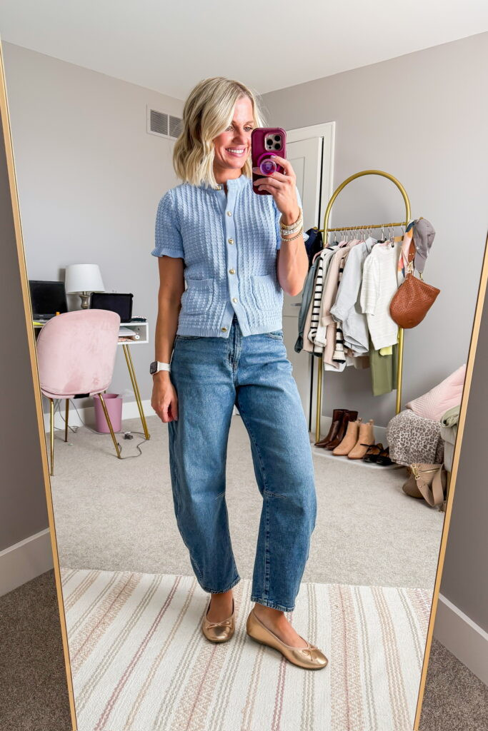 Textured Cardigan and Gold Ballet Flats with Wide-Leg Jeans — Ballet Flats with Jeans Outfits