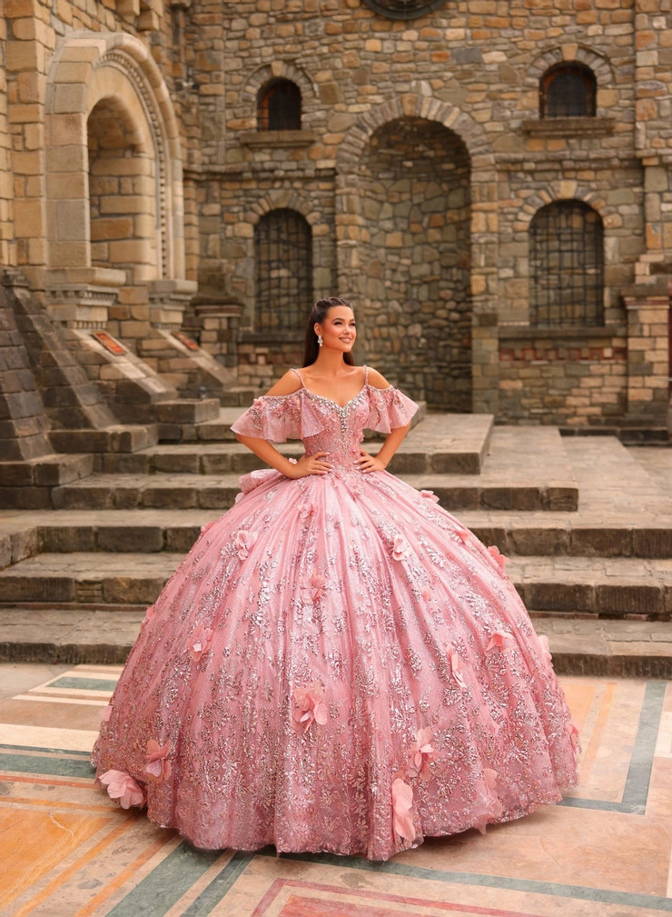 Quinceanera Pink Off-Shoulder Ballgown with Ruffled Sleeves and 3D Florals Quinceanera Pink Off-Shoulder Ballgown with Ruffled Sleeves and 3D Florals — Quinceanera Dresses