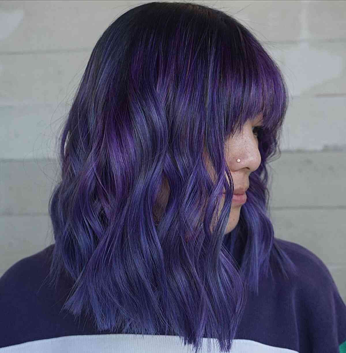Wavy Collarbone Cut with Full Purple Bangs — Dark Purple Hair