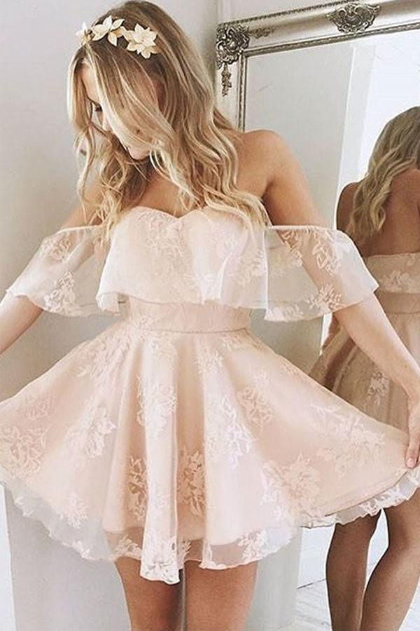 Pale Pink Off-the-Shoulder Dress with Ruffled Sleeves and Lace Overlay Pale Pink Off-the-Shoulder Dress with Ruffled Sleeves and Lace Overlay — Ruffle Dresses