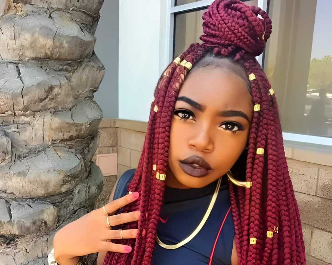 Deep Burgundy Box Braids Top Knot with Gold Beads — Burgundy Braids