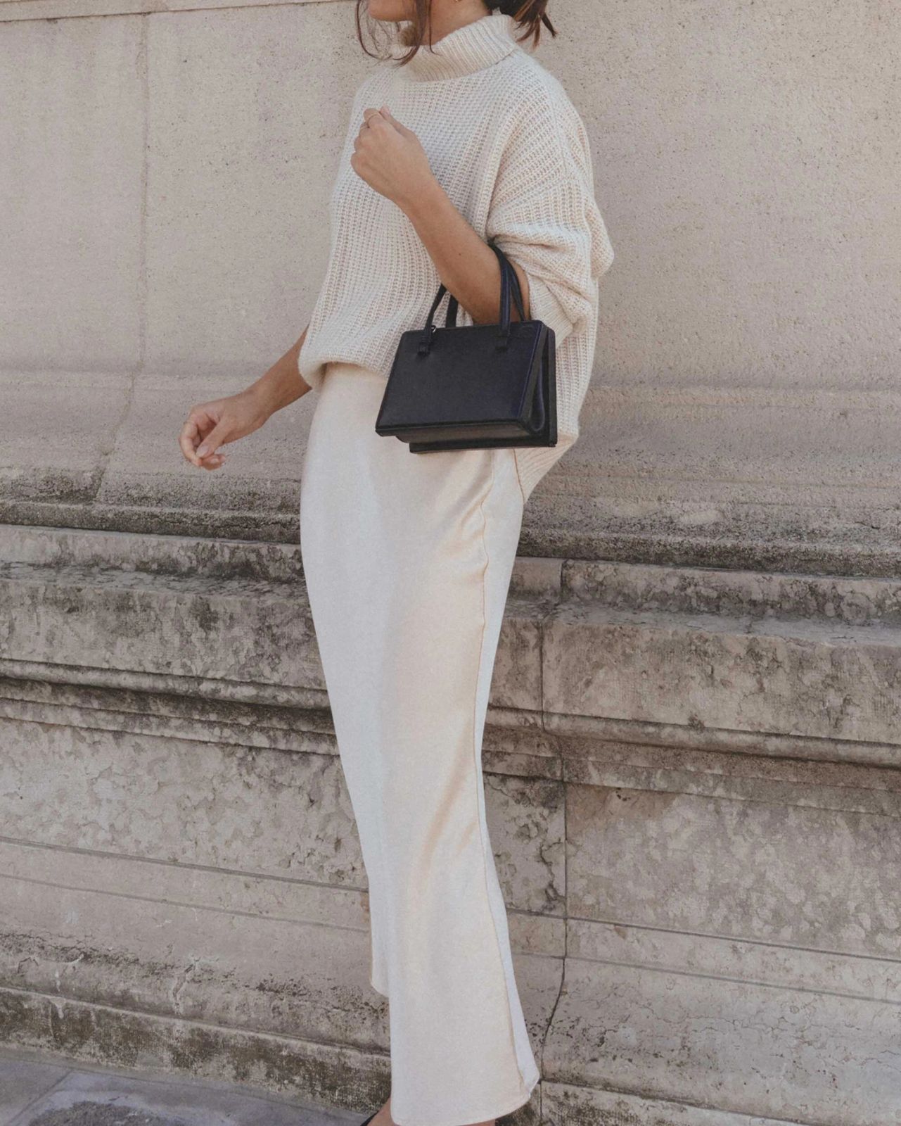 Cream Slip Skirt and Chunky Knit Turtleneck Ensemble — Slip Skirt Outfits