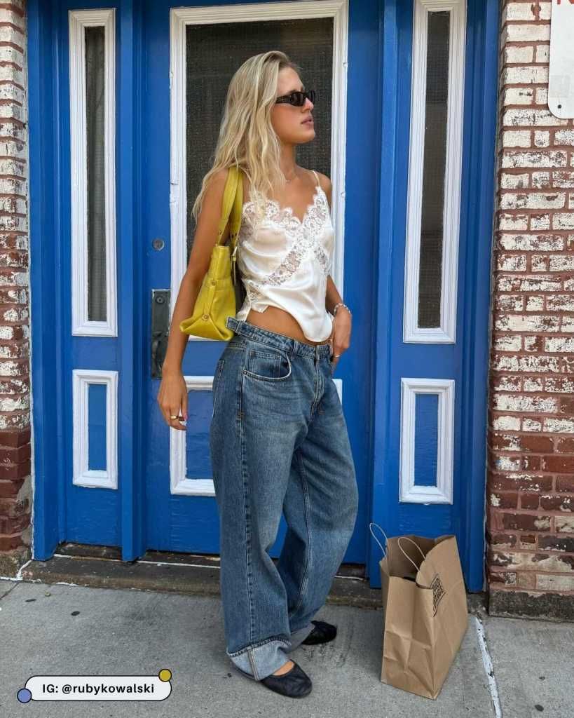 White Satin Camisole with Wide-Leg Jeans and Pearls — Satin Top Outfits