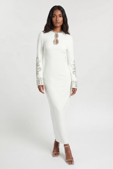White Embellished Maxi Dress with Keyhole Neckline — Long Sleeve Dresses