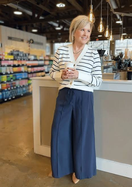 Striped Cardigan Over V-Neck Top with Wide-Leg Culottes — Outfits for Inverted Triangle