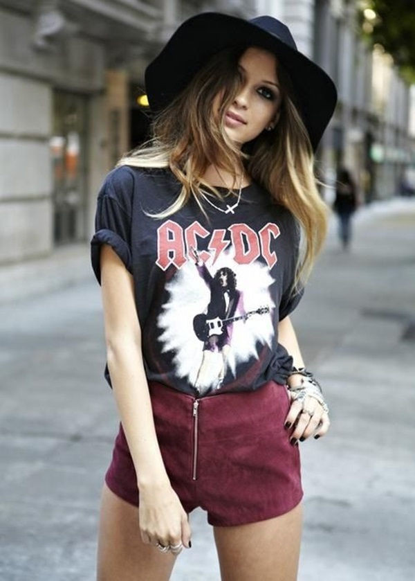 Graphic T-Shirt with Burgundy Shorts and a Wide-Brimmed Hat Graphic T-Shirt with Burgundy Shorts and a Wide-Brimmed Hat — Los Angeles Outfits