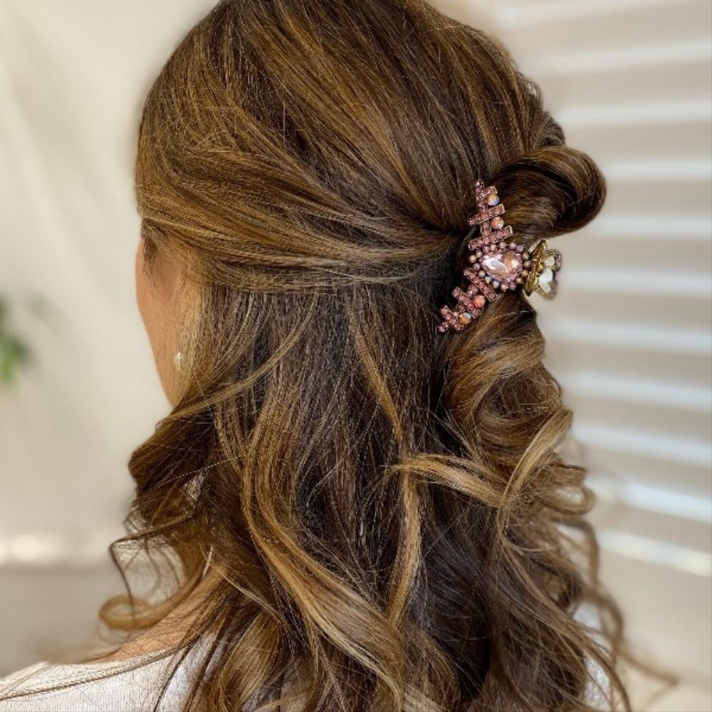 Mid-Back Brunette Twisted Waves With Pink Clip — Half Up Claw Clip