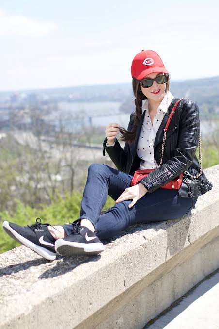 Leather Jacket with Polka Dot Shirt and Skinny Jeans — Baseball Game Outfits