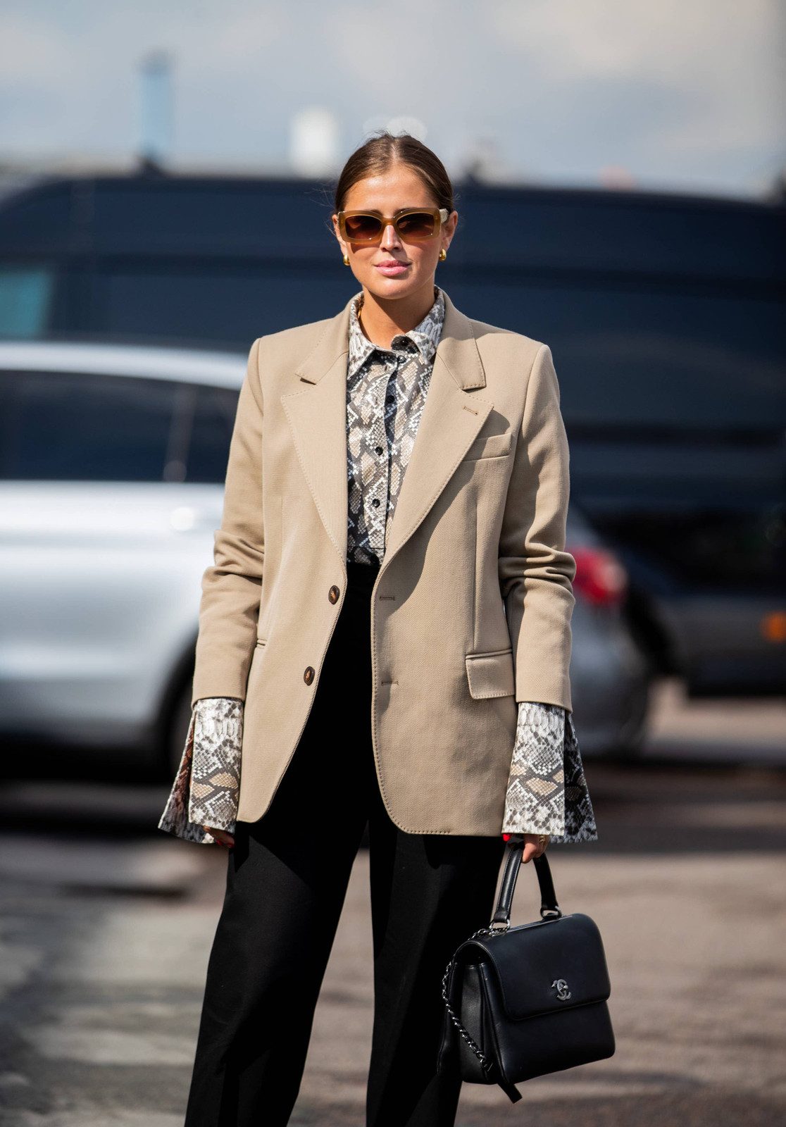 Chic Business Casual: Structured Blazer and Print Top — Outfits for Rectangle Shape