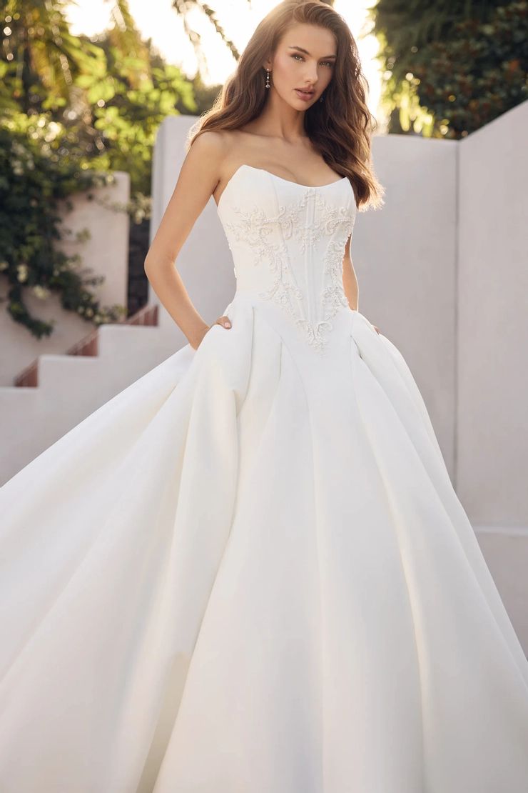 Ball Gown Bridal White Satin Ball Gown with Embellished Bodice and Pockets Ball Gown Bridal White Satin Ball Gown with Embellished Bodice and Pockets — Ball Gowns