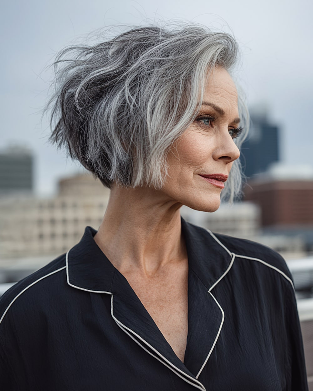 Wavy Silver Bob With Choppy Bangs — Transitioning to Gray Hair