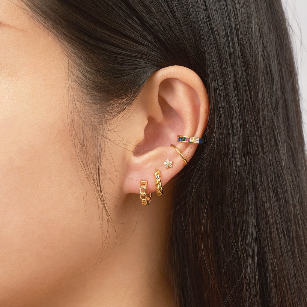Rainbow Gemstone Ear Cuff with Casual Hoops Rainbow Gemstone Ear Cuff with Casual Hoops — Ear Cuffs