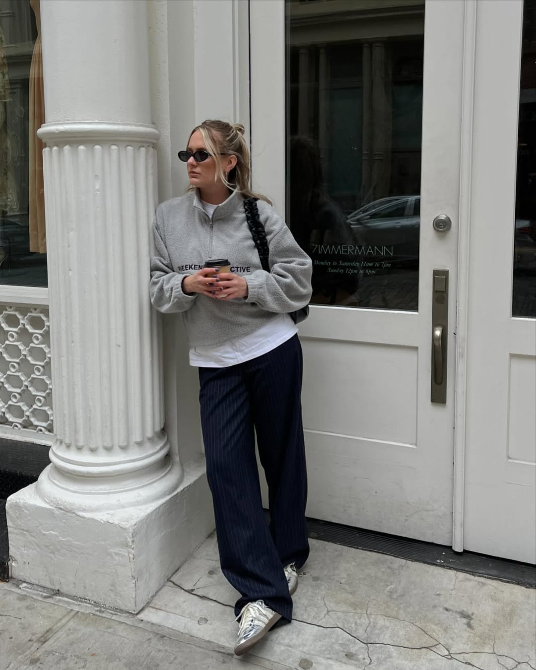 Everyday Ease: Navy Pinstripe Trousers with a Grey Quarter-Zip — Pinstripe Pants Outfits