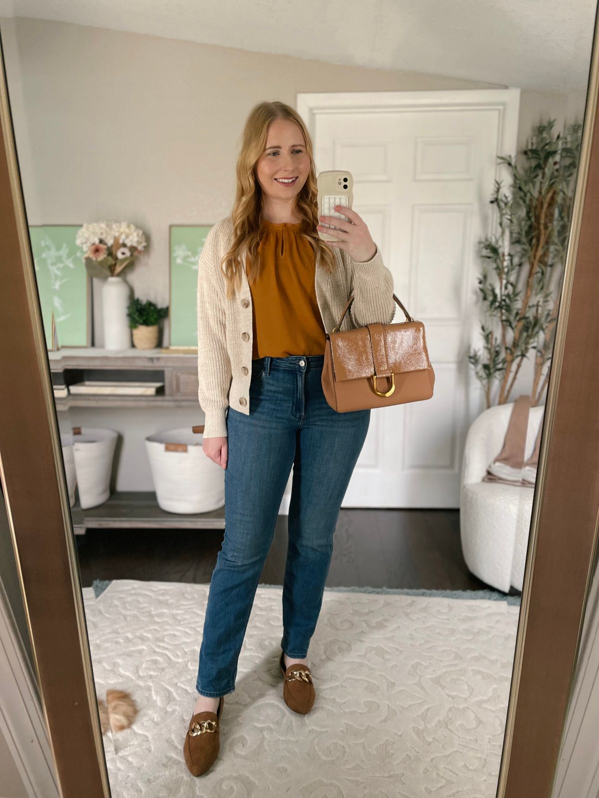 Cozy Sophistication: Cable-Knit Cardigan and Rust Blouse Cozy Sophistication: Cable-Knit Cardigan and Rust Blouse — Meet the Teacher Outfits