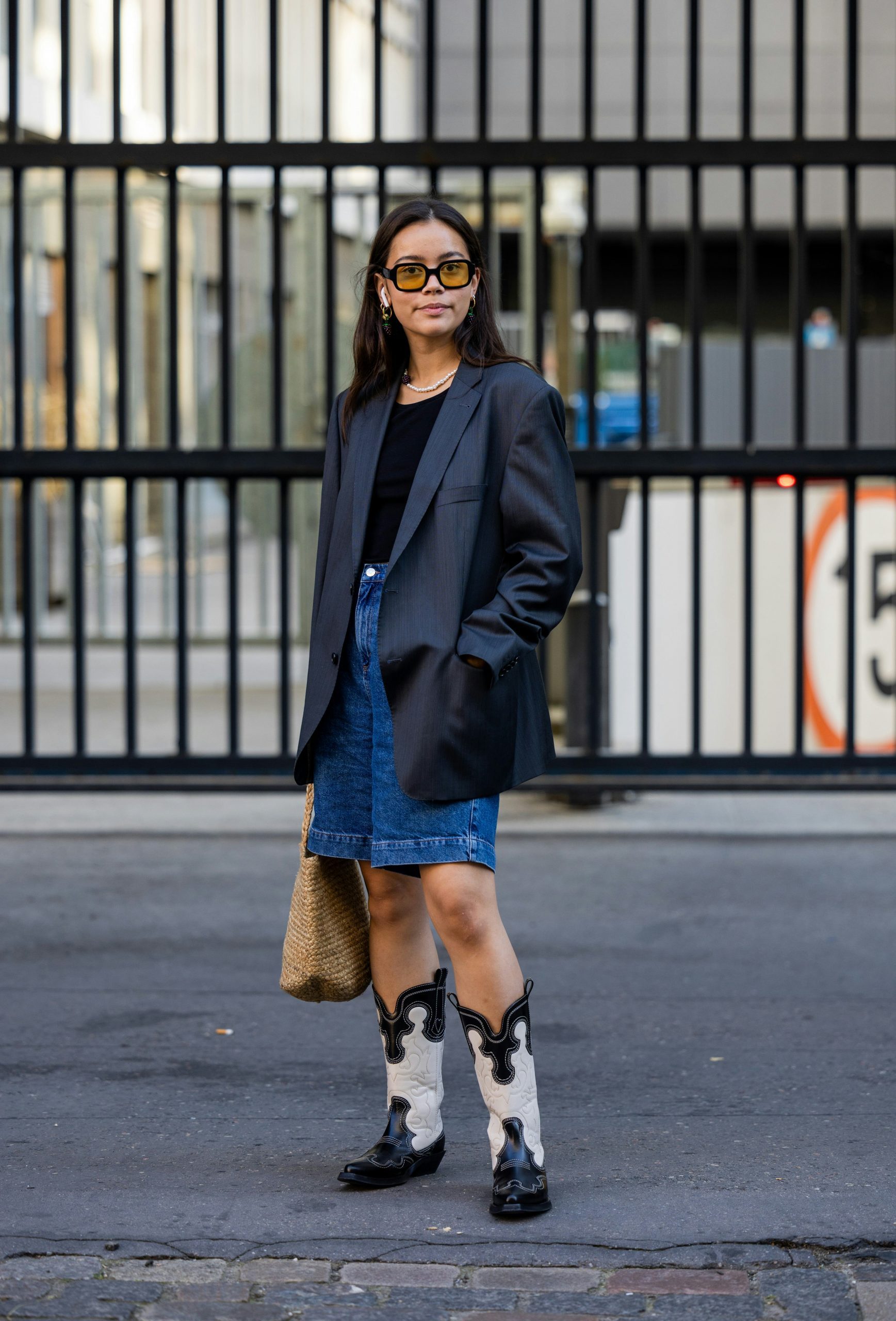 Two-Tone Cowboy Boots with Denim Skirt and Oversized Blazer — Cowboy Boots Outfits