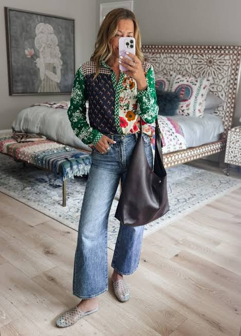 Mixed Print Blouse with Wide-Leg Jeans — Anthropologie Outfits