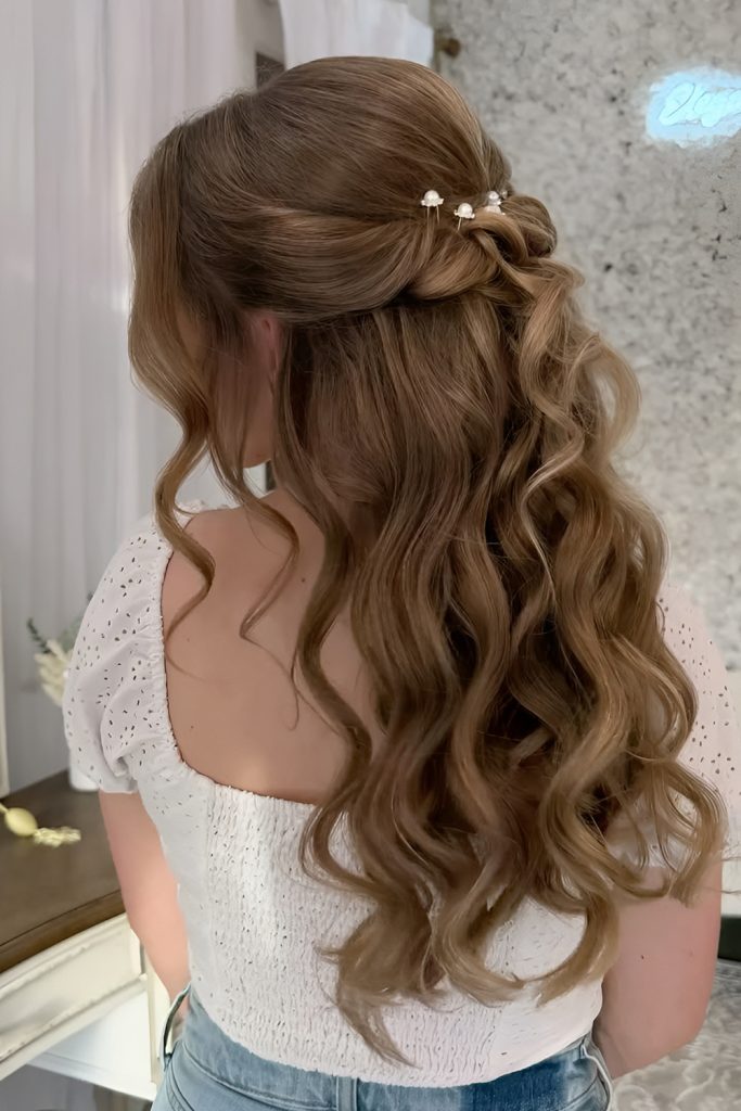 Honey Blonde Braided Half Up With Waves Honey Blonde Braided Half Up With Waves — Half Up Bun