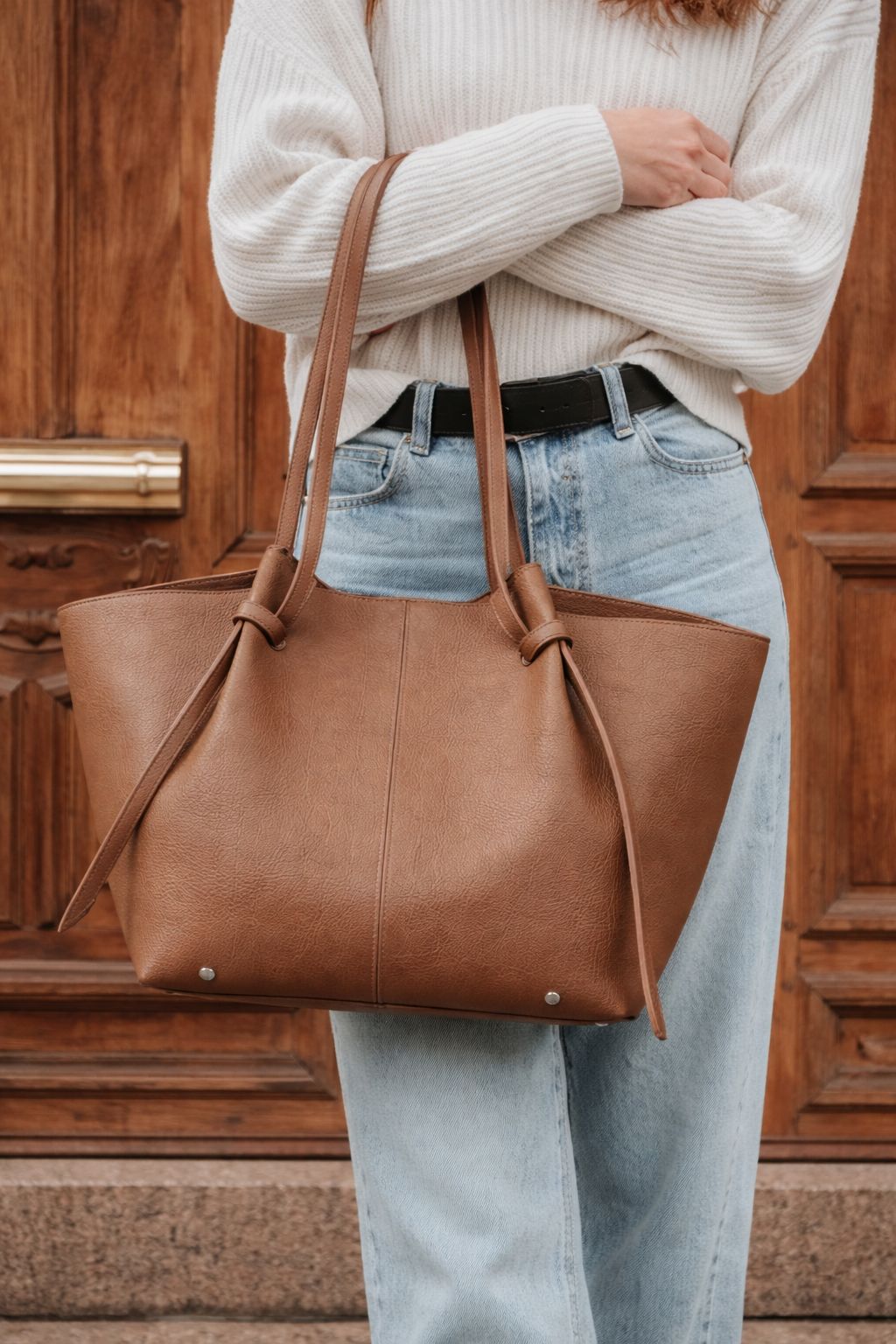 Brown Textured Tote with Knotted Straps Brown Textured Tote with Knotted Straps — Work Bags for Women