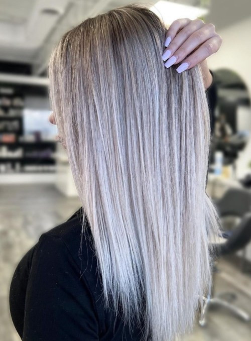Poker Straight Platinum Highlighted Hair — Balayage Straight Hair