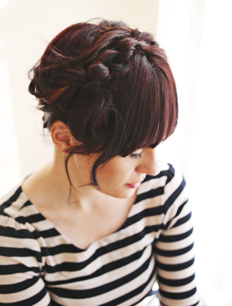 Braided Updo With Blunt Bangs Braided Updo With Blunt Bangs — Hairstyles for Teachers