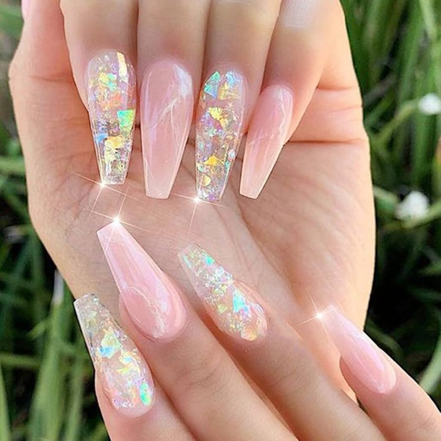 Long Coffin Nails with Iridescent Flakes Long Coffin Nails with Iridescent Flakes — Iridescent Nails