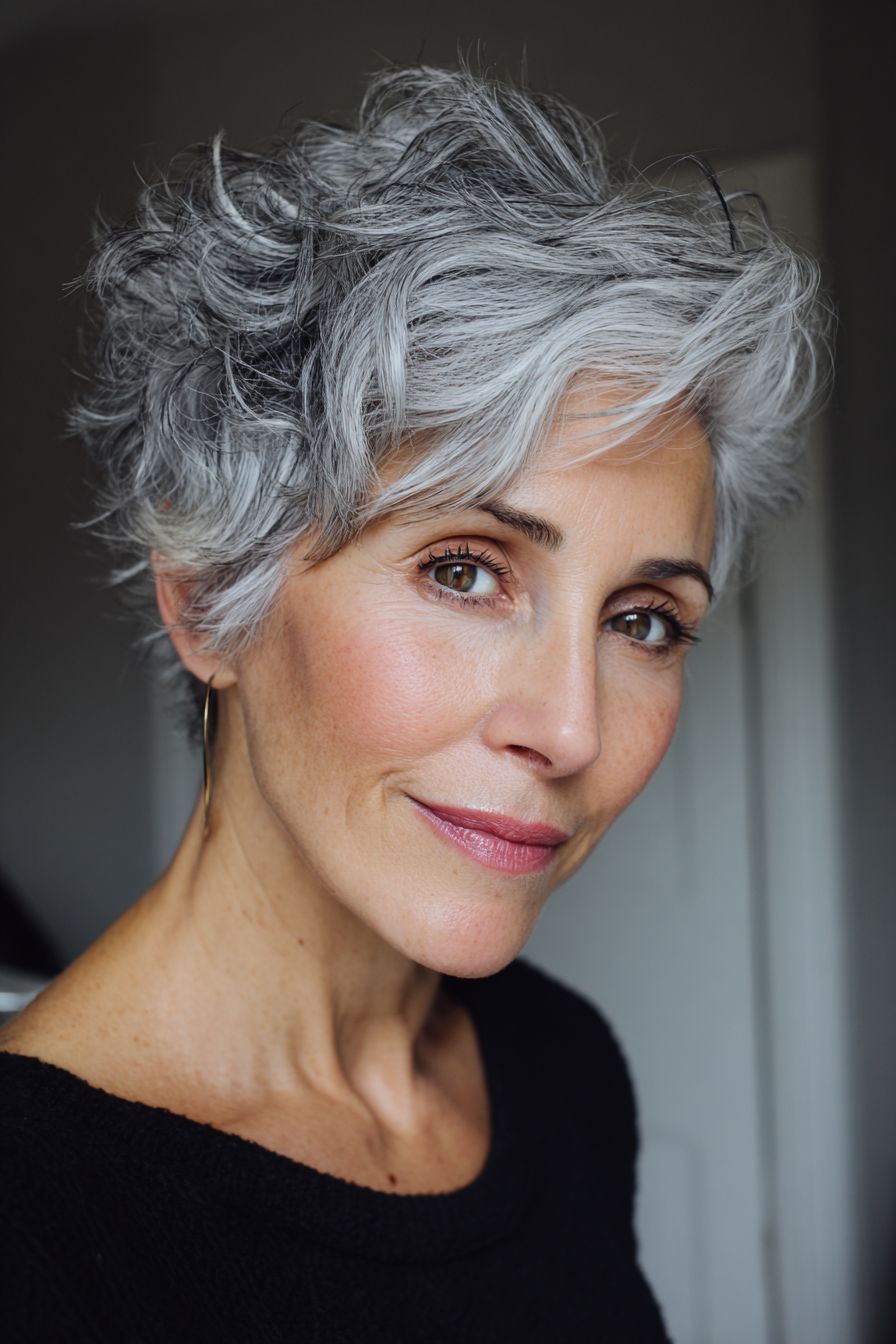Textured Grey Pixie With Side-Swept Fringe — Haircuts for Wavy Hair