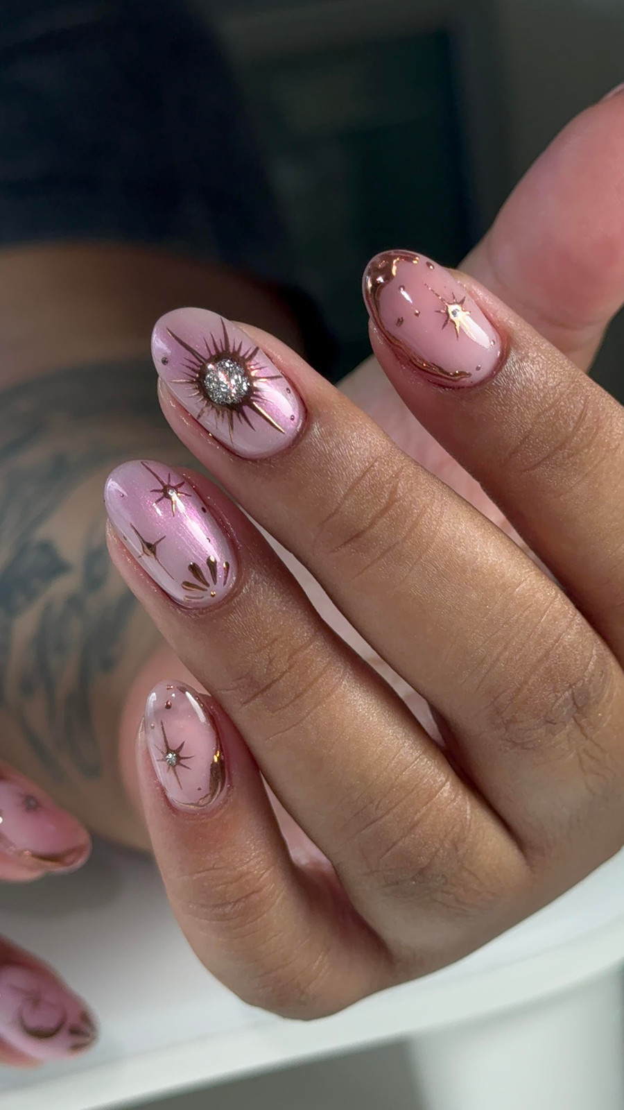 Celestial Pink Shimmer and Rhinestone Nails Celestial Pink Shimmer and Rhinestone Nails — Hard Gel Nails
