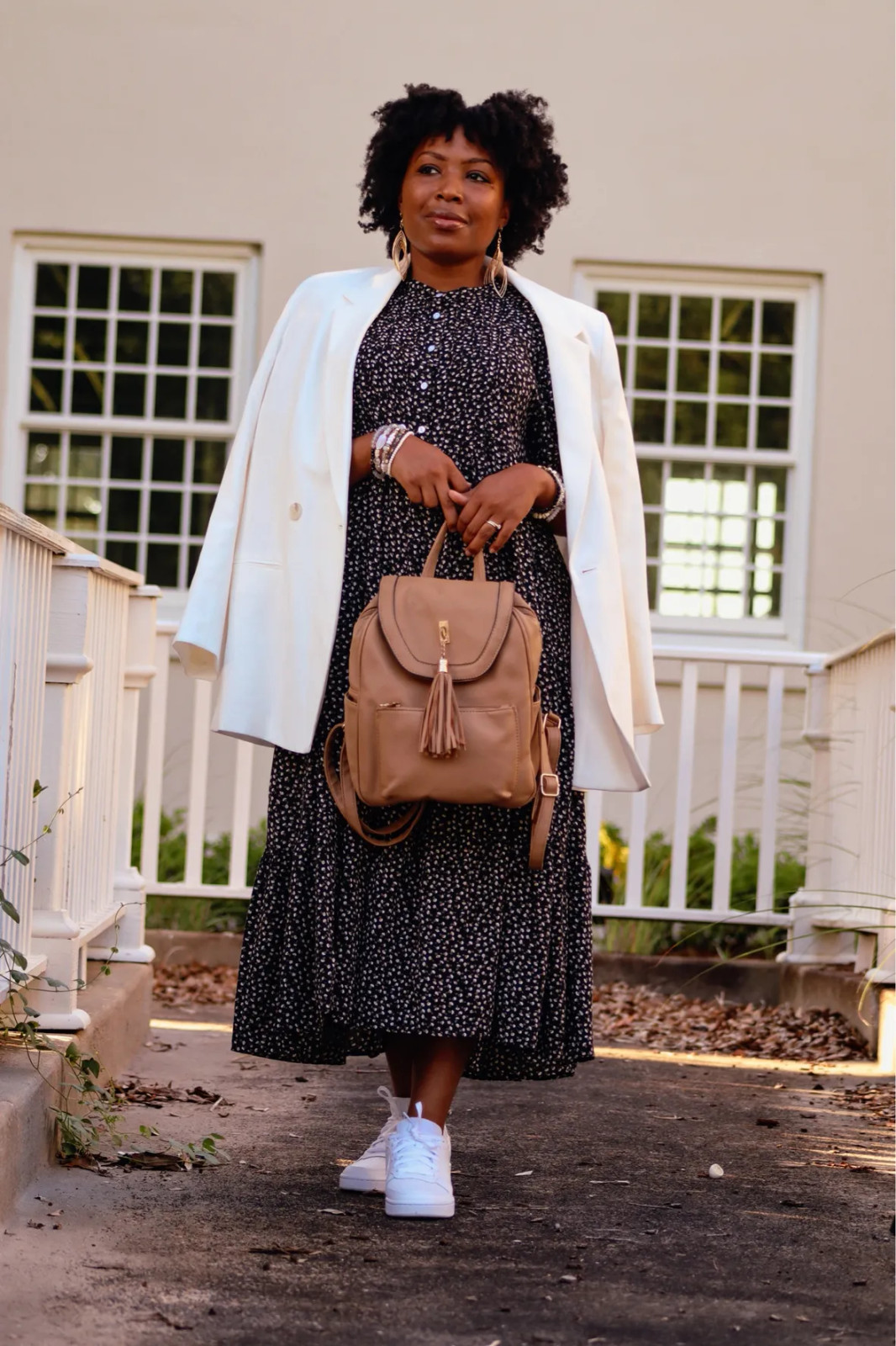 Polka Dot Midi Dress, White Sneakers, and Draped Blazer — Sneakers with Dress Outfits