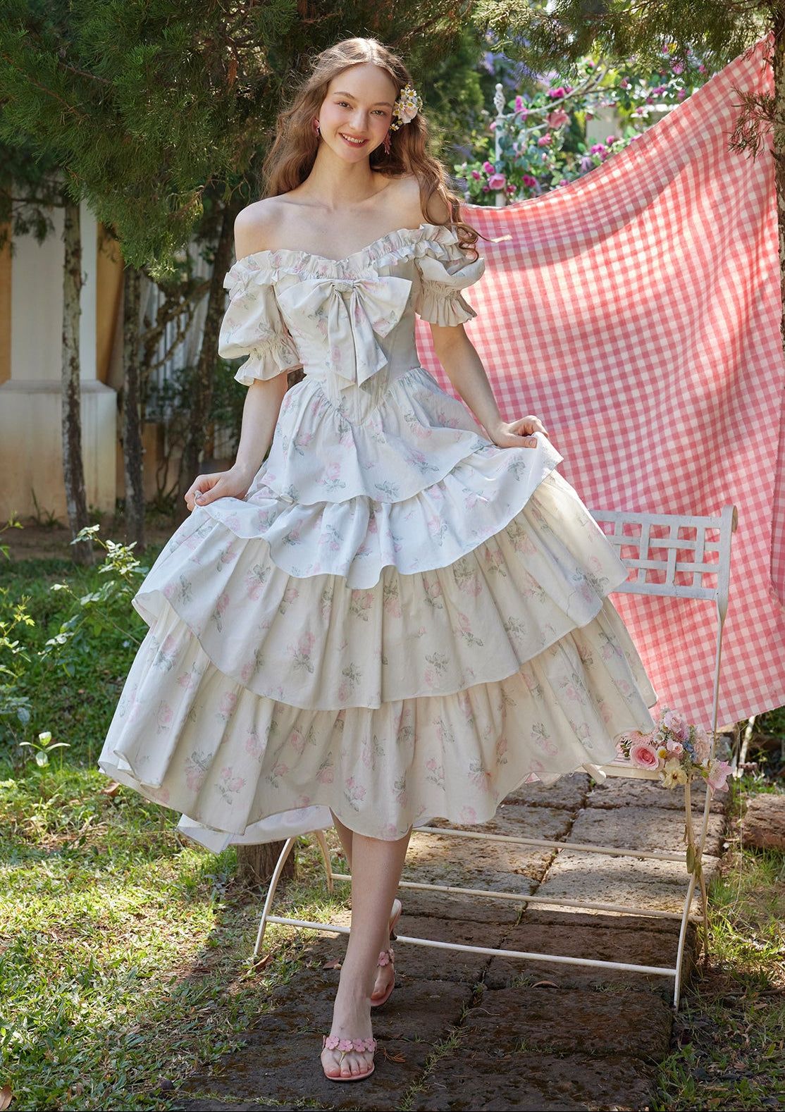 Garden Party Elegance: Floral Corset Dress with Puff Sleeves Garden Party Elegance: Floral Corset Dress with Puff Sleeves — Corset Dress Outfits