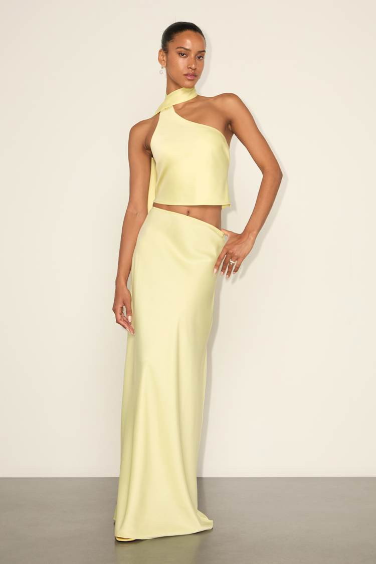 Pale Yellow Satin Maxi Skirt and Halter Top Co-ord for Event Style Pale Yellow Satin Maxi Skirt and Halter Top Co-ord for Event Style — Satin Skirts