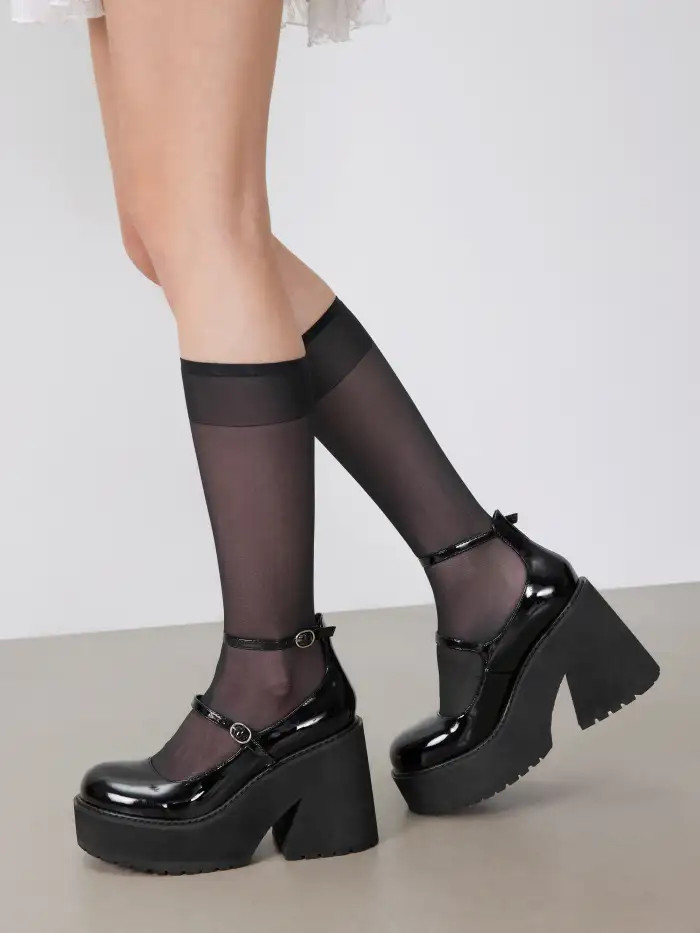 Black Patent Platform Mary Janes with Sheer Socks — Chunky Mary Janes Outfits