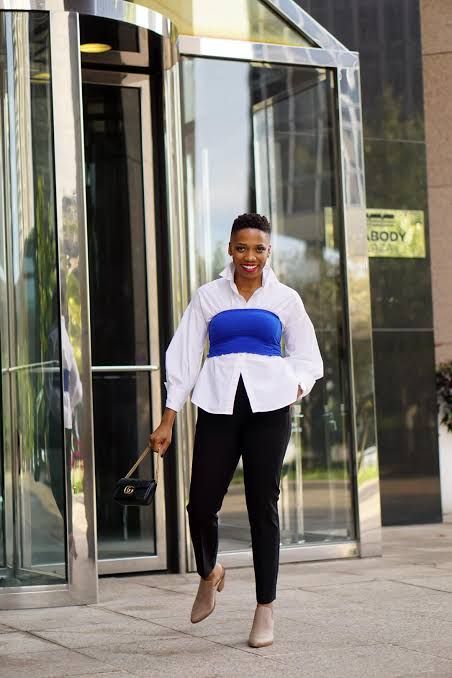 Royal Blue Tube Top Layered Under White Shirt with Black Trousers Royal Blue Tube Top Layered Under White Shirt with Black Trousers — Tube Top Outfits