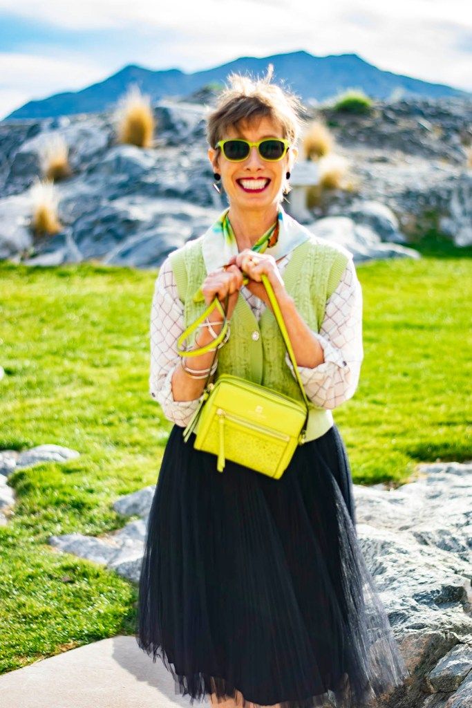 Vibrant Casual: Black Tulle Skirt with Knit Vest and Patterned Shirt — Tulle Skirt Outfits