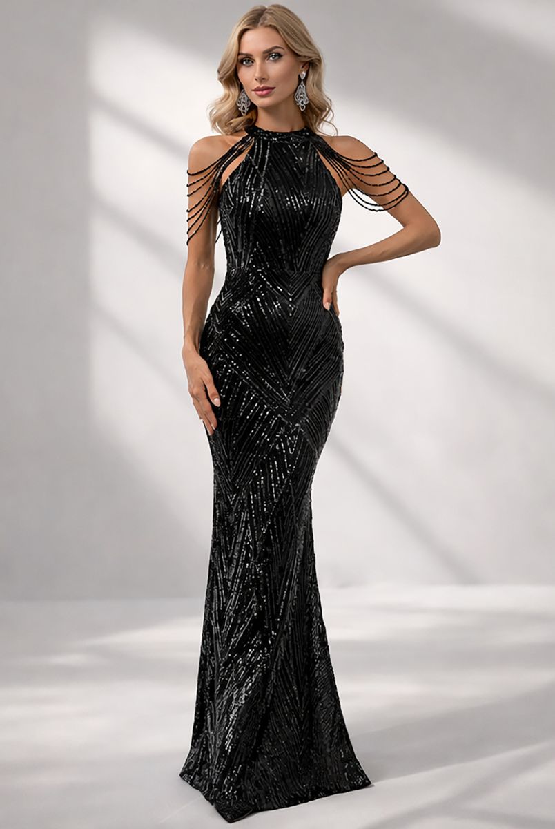 Black Sequined Halter Neck Gown: Evening Glamour Date Night Dresses
