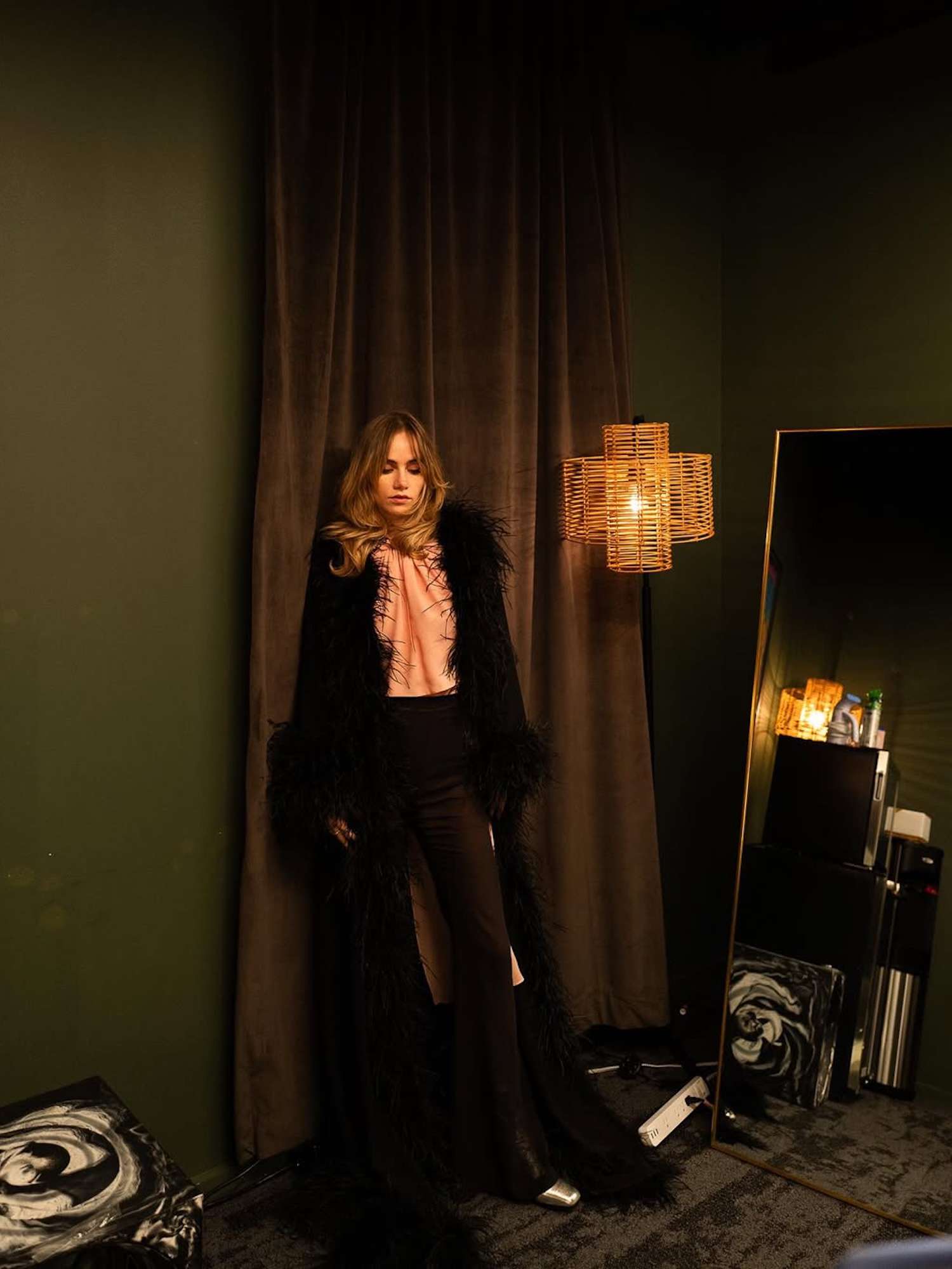 Black Feather-Trimmed Duster Coat Over Pink Blouse Black Feather-Trimmed Duster Coat Over Pink Blouse — Vampire Aesthetic Outfits