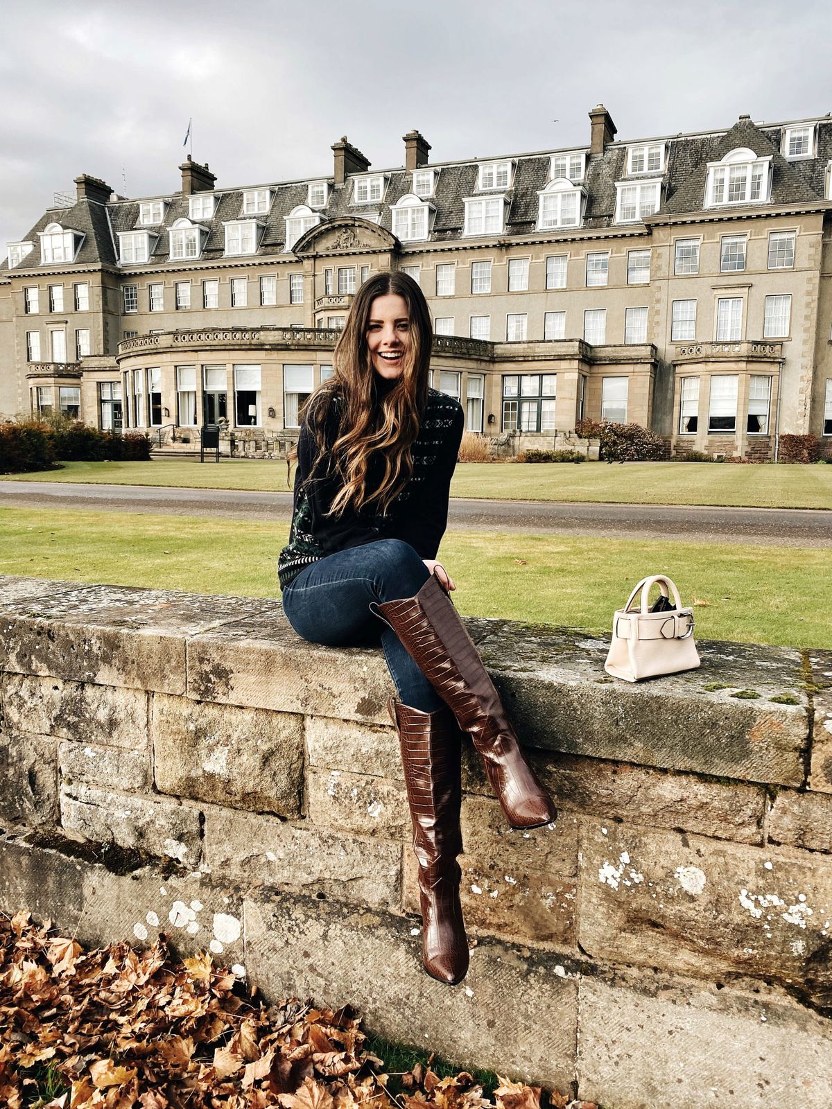 Patterned Sweater with Slim Jeans and Tall Leather Boots — Scotland Outfits