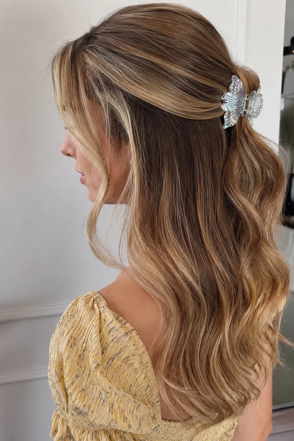 Half-Up Waves With Side-Swept Bangs Half-Up Waves With Side-Swept Bangs — Butterfly Clip Hairstyles