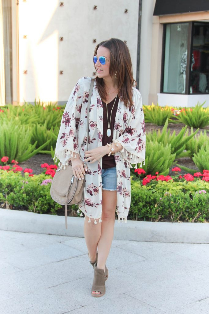 Tasseled Floral Kimono with Denim Shorts and Booties — Kimonos