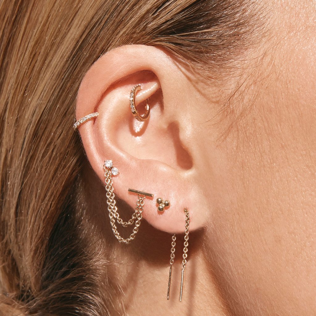 Layered Gold Stack with Chain Threaders and Diamond Hoop Layered Gold Stack with Chain Threaders and Diamond Hoop — Ear Stack Ideas