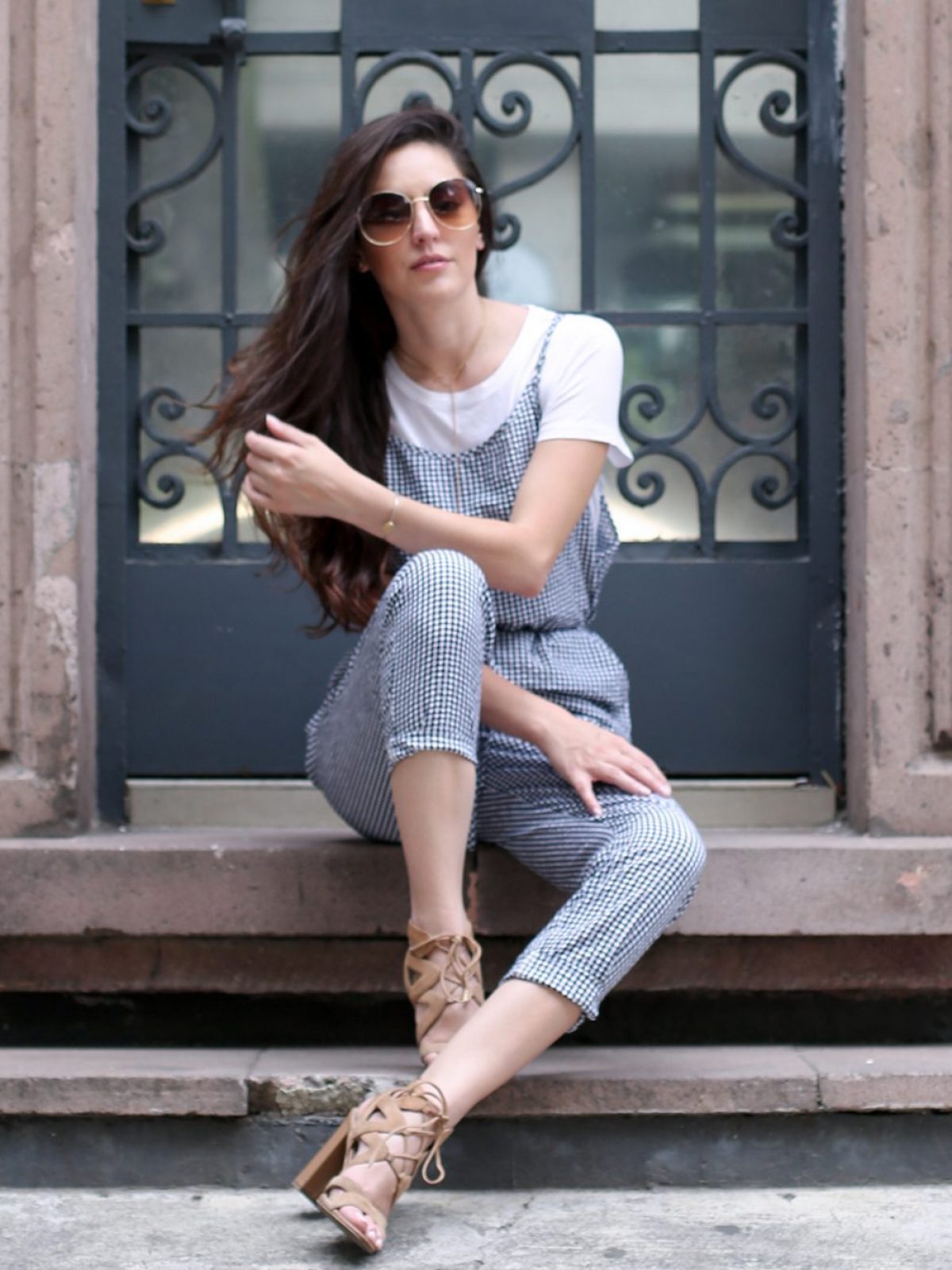 Gingham Jumpsuit Over a Basic Tee for Casual Days — Mexico City Outfits