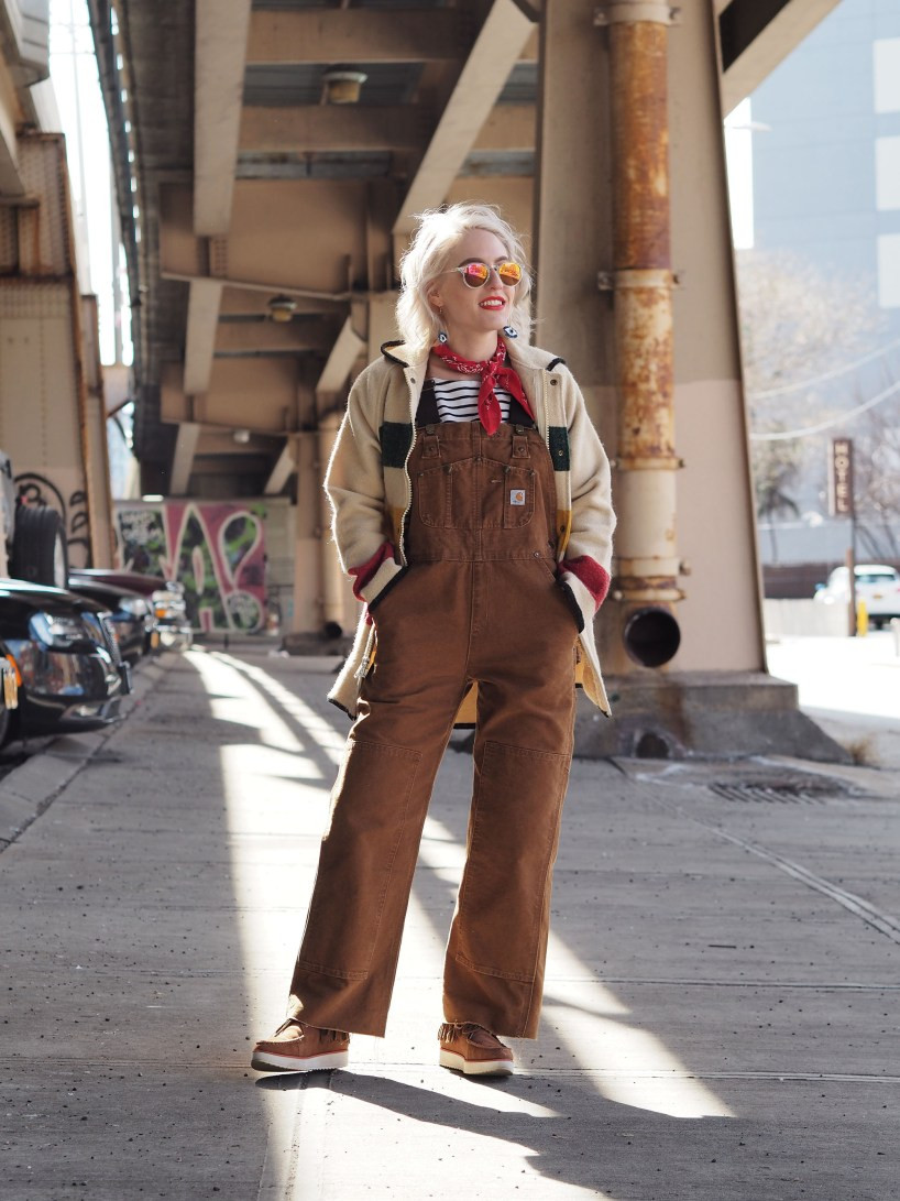 Brown Overalls with Striped Tee and Bandana — Carhartt Outfits