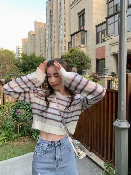 Layered Textures: Denim Skirt with a Plaid Knit Sweater — Outfits for Skinny Girls