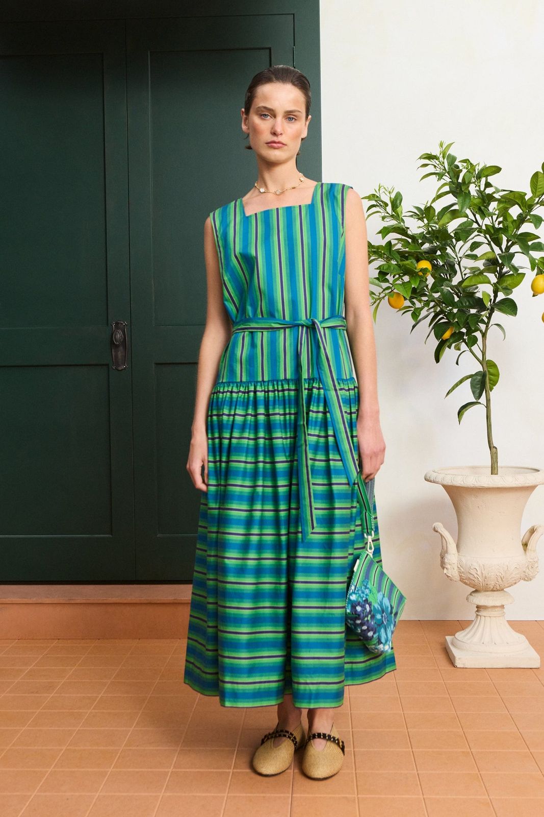 Smart Casual Blue and Green Tiered Midi Dress Smart Casual Blue and Green Tiered Midi Dress — Striped Dresses